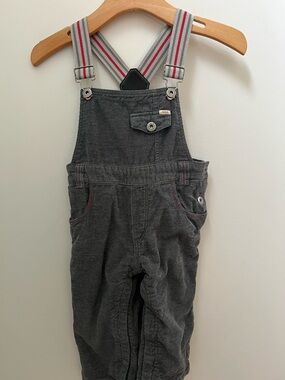 Ikks Grey Corduroy Overalls with Red-Trim Striped Suspenders